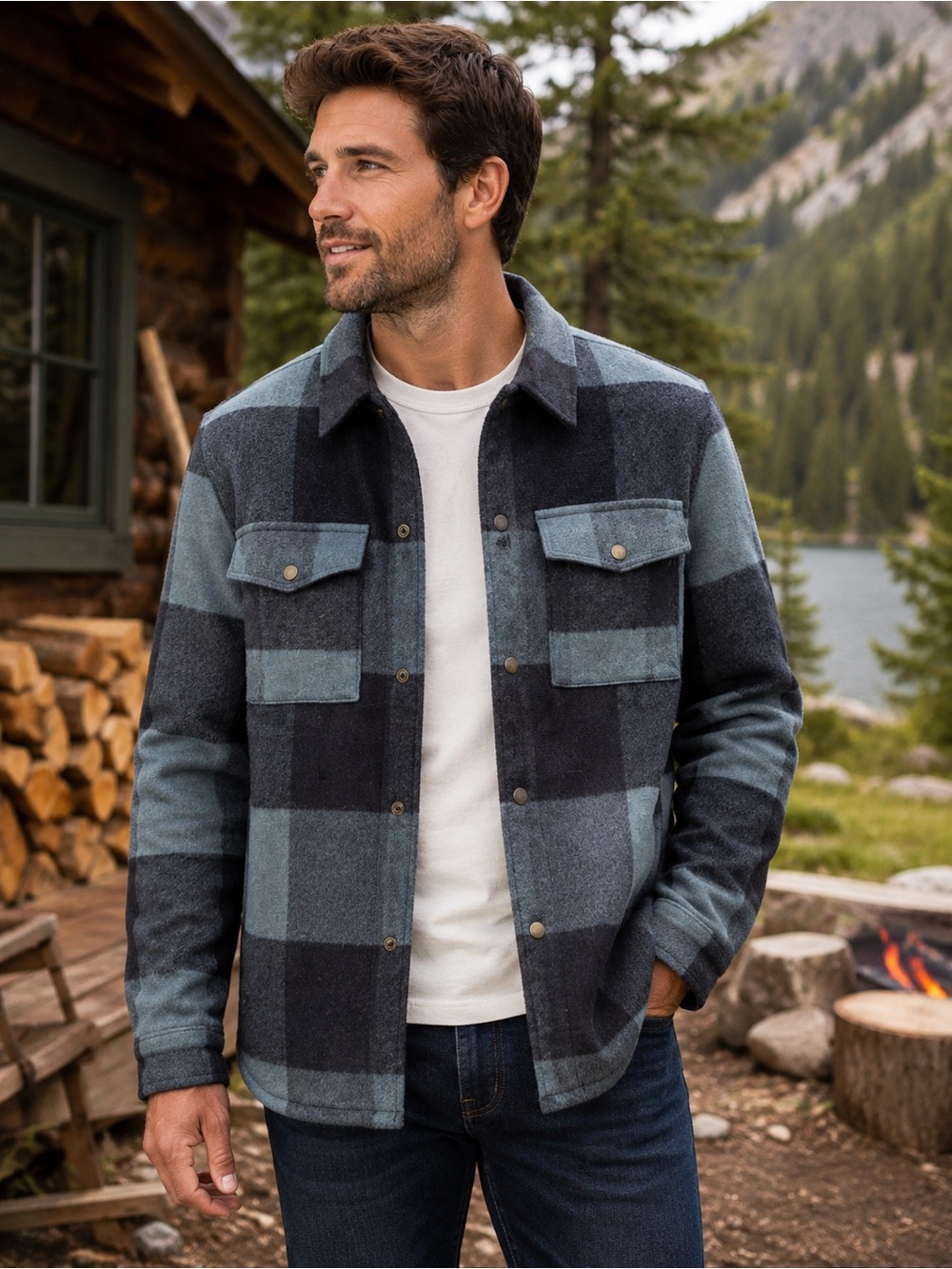 NWT VRST Wool Blend Shacket Men’s S Blue Buffalo Plaid Shirt Jacket Snap Front